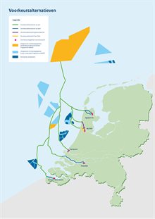 Voorkeursalternatieven Wind op zee. Aanlandingen in Noord Holland (Kop van Noord-Holland en omgeving haven van Amsterdam), Zuid-Holland (Europoort), Noord-Brabant (Moerdijk) en Zeeland (Zeeuws-Vlaanderen)
